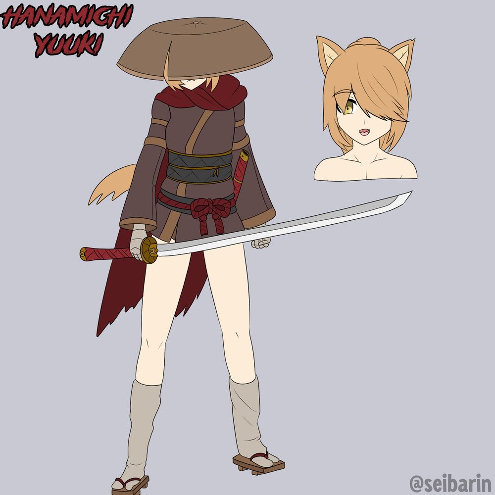 A serious, imposing looking ronin whose face is covered by his sandogasa straw hat, and who wears a surprisingly short brown kimono, geta sandals, and a tattered red cape. He menacingly wields an ornate katana in her right hand, and both his hands are covered in wraps.
...Except no, he's actually a cute puppyboy, with dirty blond hair styled into a ponytail and big friendly looking yellow eyes. As a puppyboy he naturally has the ears and tail of a dog.