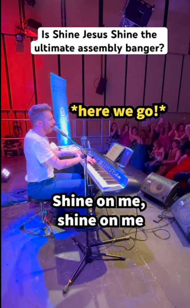 Photo of man at a keyboard with the lyrics 'shine on me, shine on me'