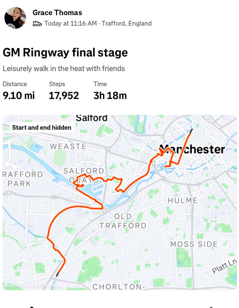 Screenshot of Strava map showing a walk of 9.1 miles