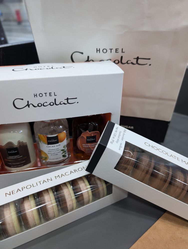 Hotel Chocolat merchandise 

3mini bottles of liqueur
2 packs of macarons