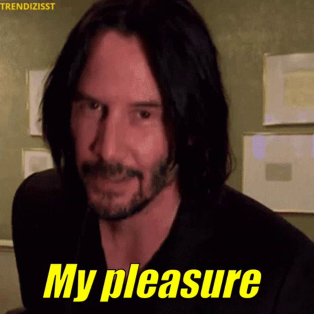 a man with long black hair and a beard says " my pleasure "