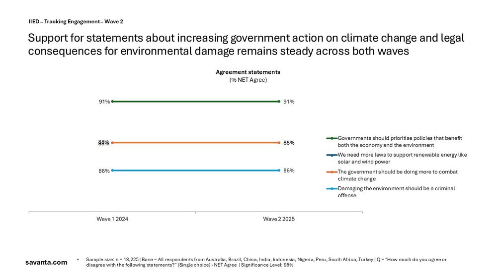 Support for statements about increasing government action on climate change and legal consequences for environmental damage remains steady across both waves