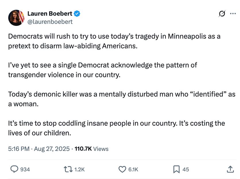 Tweet by Lauren Boebert about an alleged “pattern” of transgender mass shooters.