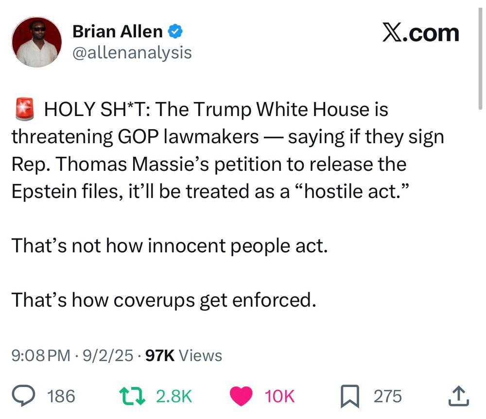 Tweet from Brian Allen re: Trump threatening GOP House members.