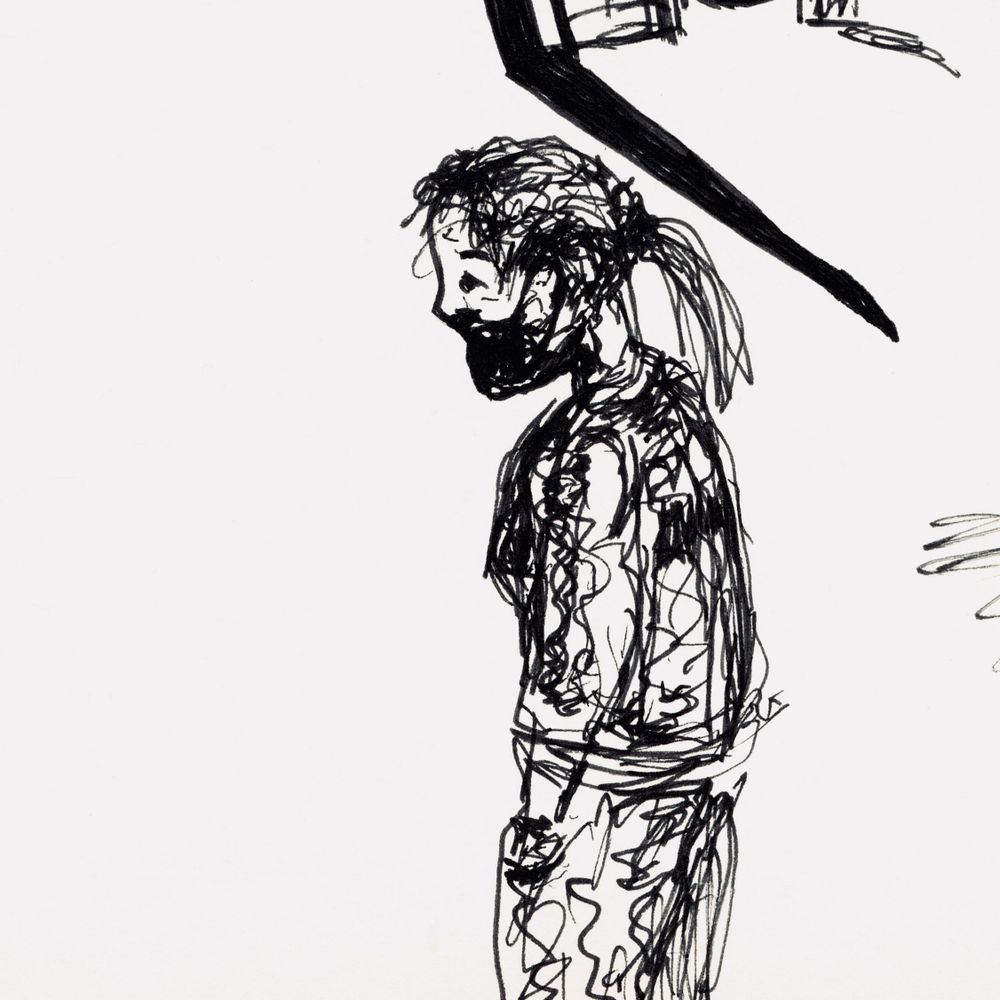 Black ink illustration of an individual with a ponytail and wearing a surgical mask and with their hands in their pockets.