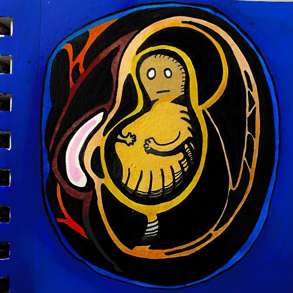 Drawing in ink and marker of a full looking fellow in a bubble or sac of some kind. They are looking a little full, maybe, and their expression remains a little blank.