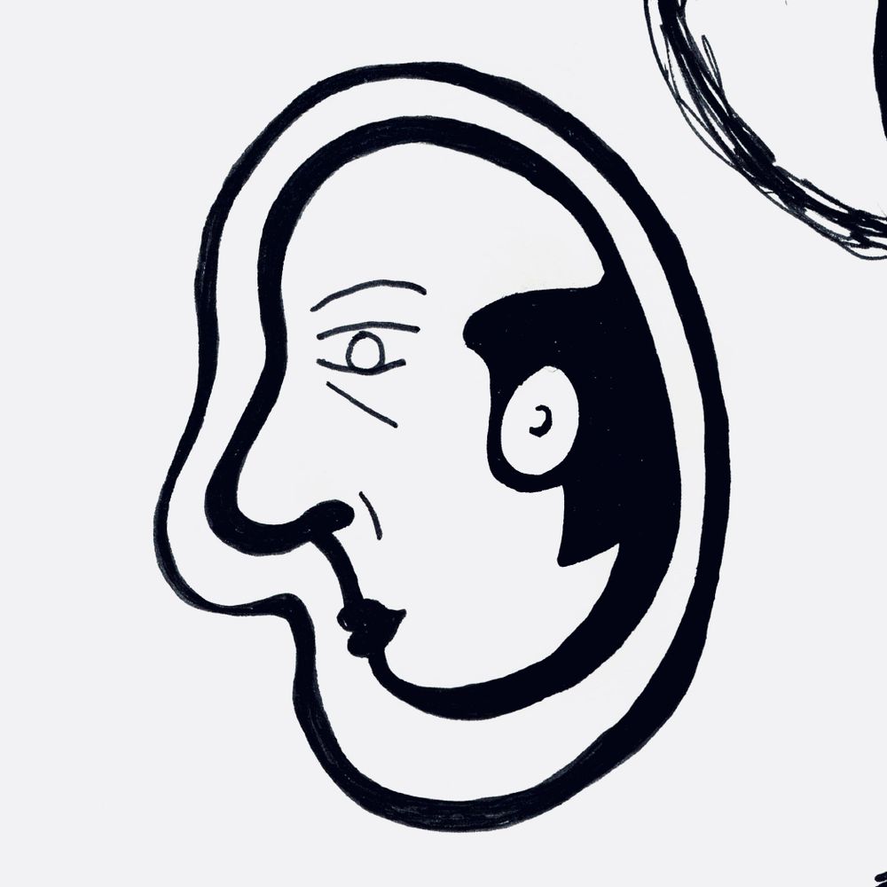Abstract ink drawing of the face of a balding man in profile.