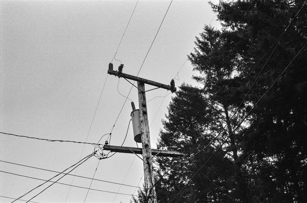 Black and white photograph of a telephone pole with wires stretching every which way. Trees can be seen in the background.