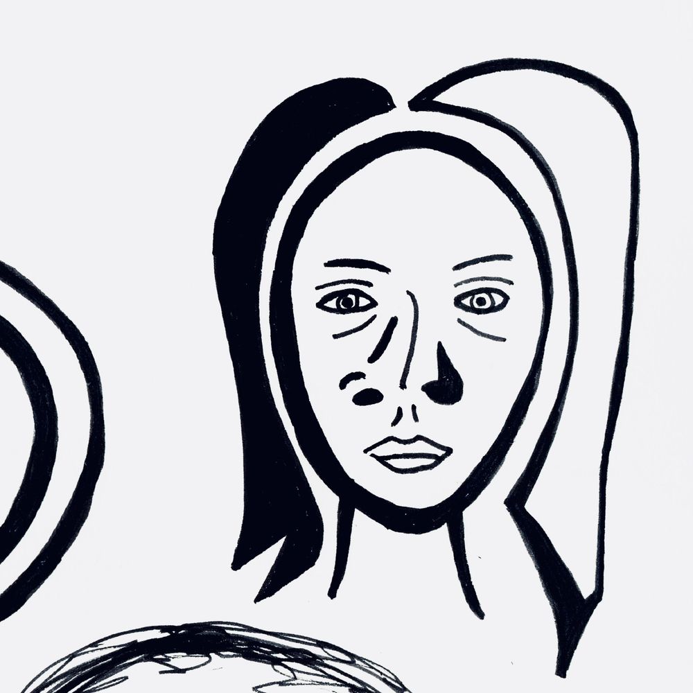 Abstract ink drawing of the face of a woman. The left half of her hair is black, and the other half white.