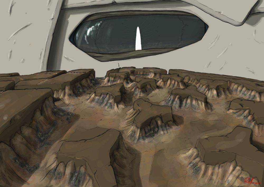 A giant alien Reefy looking at a close-in perspective of his filthy boot treads.