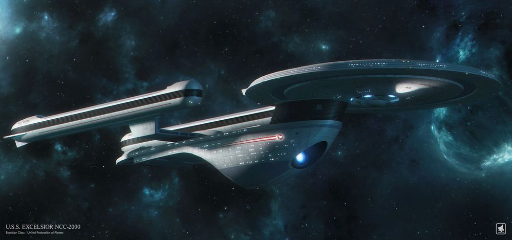 A low, starboard front-three-quarters profile image of the USS Excelsior (NCC-2000) in flight.

Artwork by Jetfreak-7.