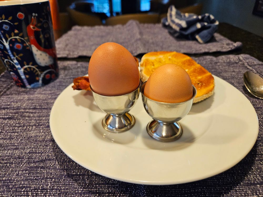 Two eggs sit in silver-colored metal eggs cups on a round white plate. The corpulent egg on the left barely fits, perched with a jaunty leftward tilt, the lip of the egg cup encircling its eggy hips. The diminutive egg on the right is shoulders-deep into the egg cup, and cocked slightly to the right. In the background, a well toasted half bagel and over-crisp bacon add an air of weekend morning to the scene.