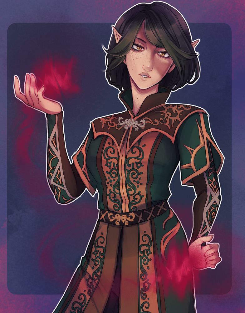 Sage, a wood elf wizard with medium length dark hair and a burn scar across the left side of her face, readying magic in both her hands. She is looking down towards the viewer. 
