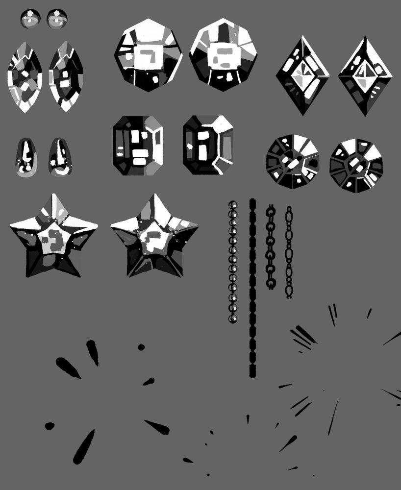 Digital drawings of chunky gemstones, chains, and sparkles in greyscale.