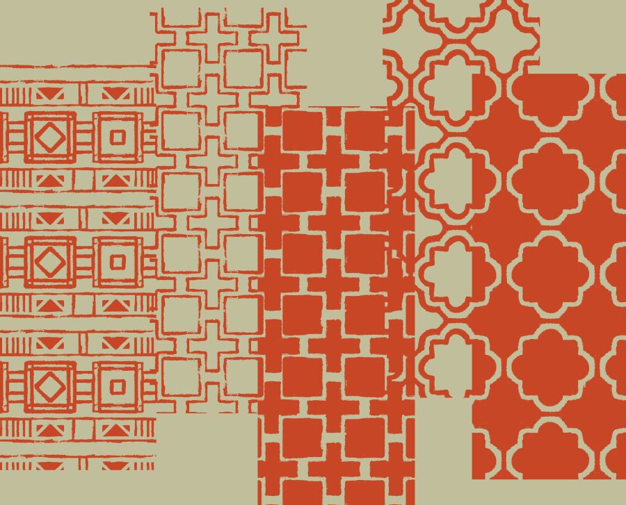 Assorted decorative patterns in red on a beige background.