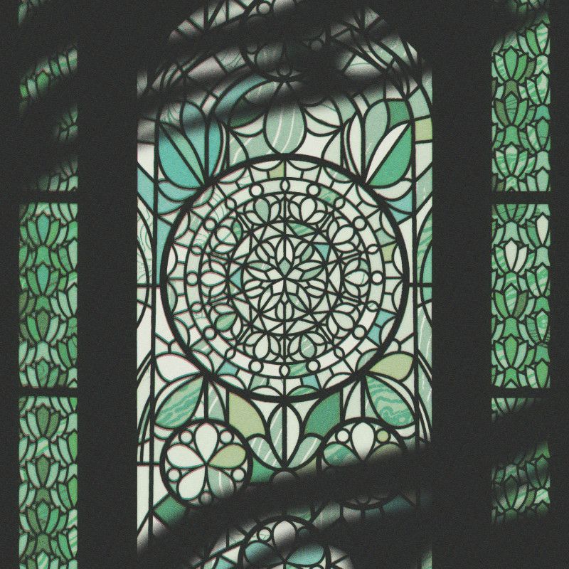 Digital brush demonstration: a greenish stained glass window framed by dark flowing smoke in the foreground.