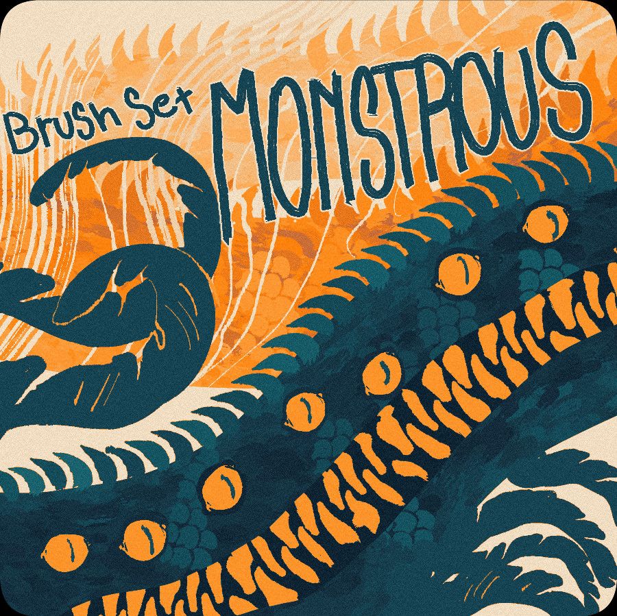 "Brush set: monstrous", written above an indistinct scaly creature with many eyes and teeth.
