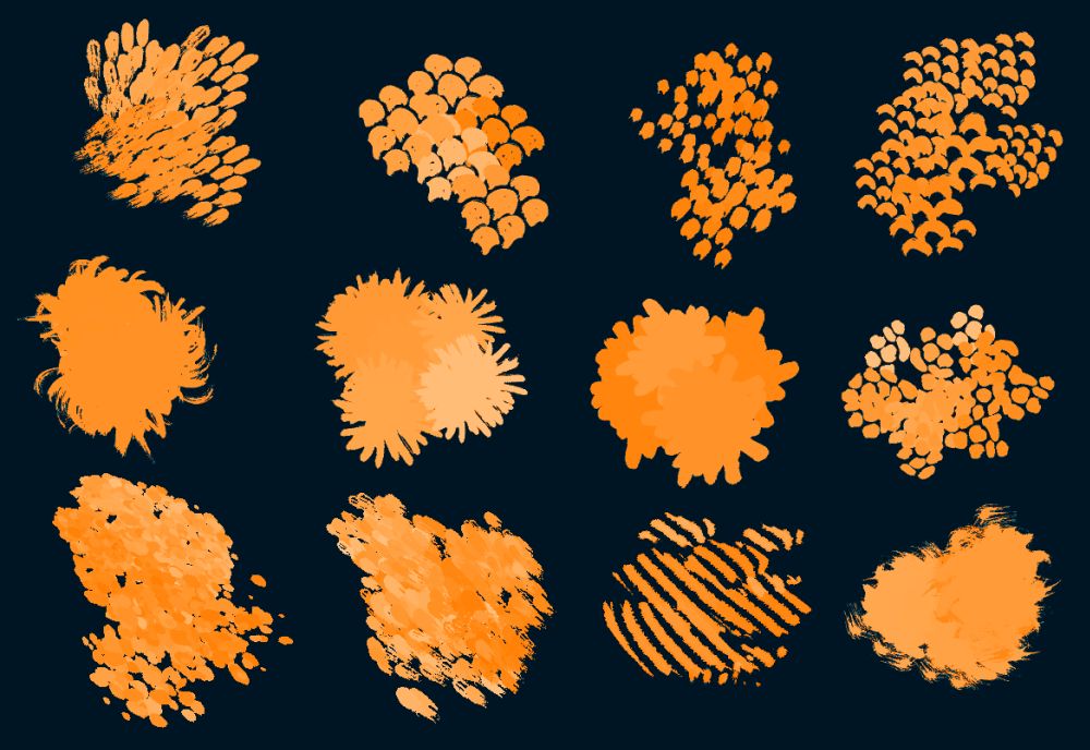 Samples of brushes included in the set— scales, fur, and other textures in yellow on a dark background.