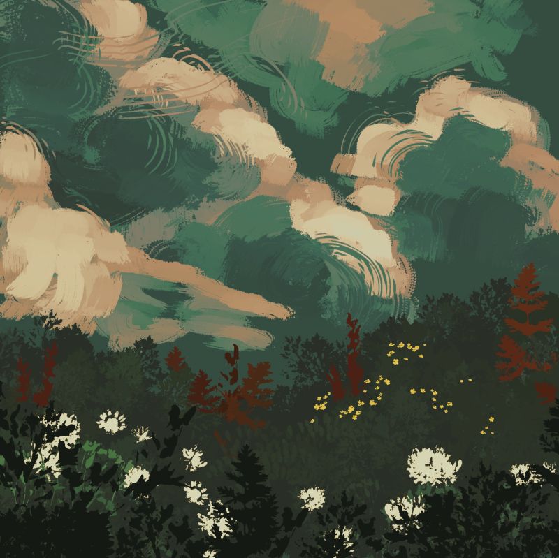 Digital brush demonstration: thick foliage and flowers against a cloudy sky, all painted with rough heavy brush-strokes.