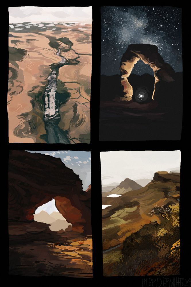 four panels of digital painting, set against a black background. all depict landscapes in a rough style with highly visible brush-strokes. panel 1: a bare tundra viewed from above, split by a river. in the distance there are patches of snow and pale clouds, in the foreground a waterfall. panel 2: a natural stone arch viewed at night, its shape illuminated by a single small light beneath it. above is a dark sky filled with stars. 3: a larger stone arch formation during the day, cast in shadows against a pale sky with small clouds. warm sunlight illuminates the inside of the formation, and hits the desert foreground. 4: mountainous terrain covered in scrubby plants, creating patches of colour in greens, browns, and yellows. the distance fades into fog, with two lakes visible. a paved road winds toward the foreground, partly obscured by rocks and brush.