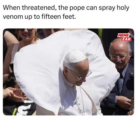 The Pope, mid-action, unleashing a torrent of ‘holy venom’ from his eyes like a vengeful dilophosaurus from Jurassic Park. A frill of papal regalia fans out around his head as the caption warns viewers not to let him spray it in their eyes.