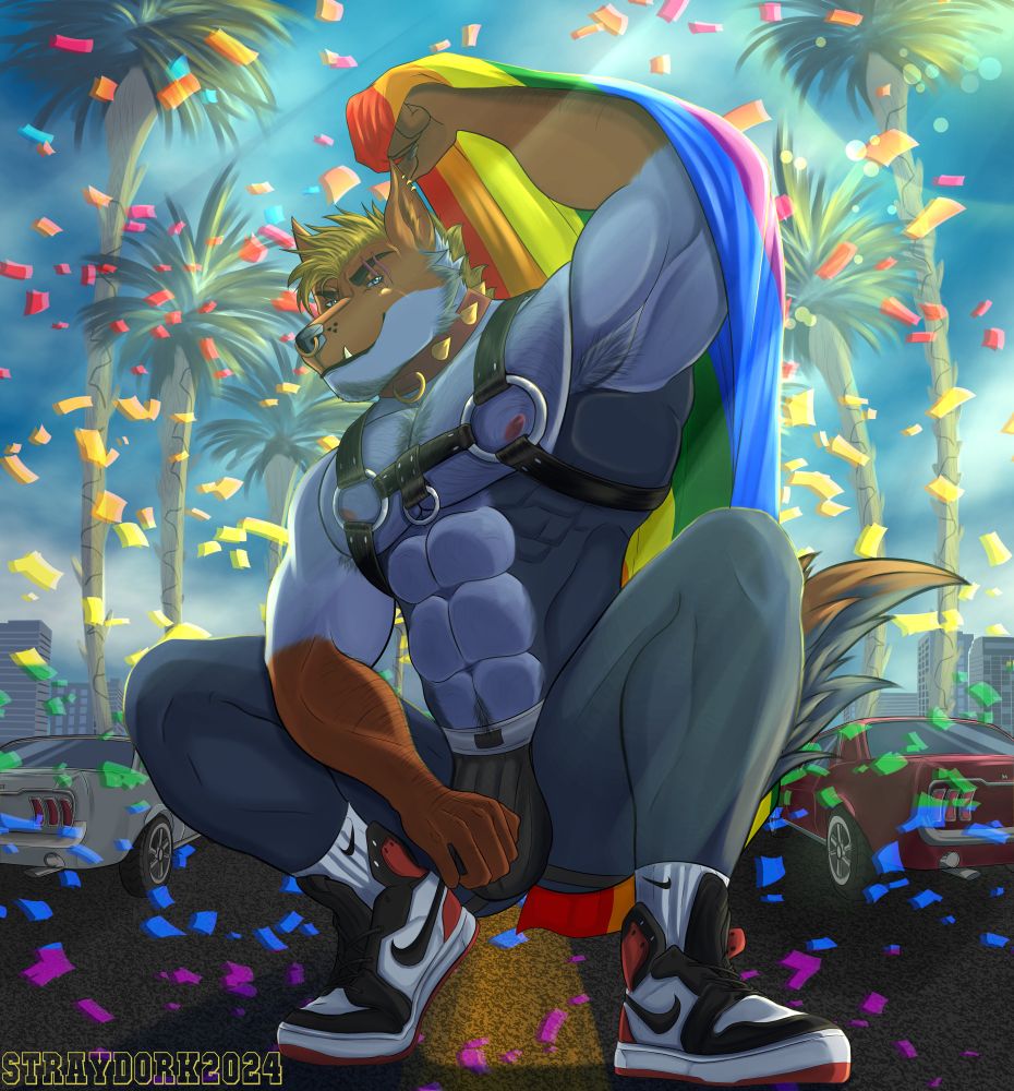 Choky is on a street, wearing shoes and a jock with a harness. He's holding a pride flag behind is back and is looking at the viewer with a smirk. The sun is shining and there's confetti everywhere.