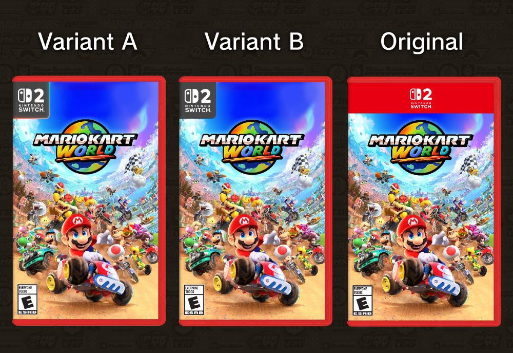 LEFT:
Box art of Mario Kart World with modified Switch 2 branding - The Switch 2 logo is now in a grey square in the top-left corner, similar to the Switch 1 branding. The square has a red and cyan gradient outline with a subtle inwards glow, reflecting the accent colours on the new Joy-Con. The square is also slightly rounded, reflecting the new rounded UI elements of the Switch 2's OS interface.

MIDDLE:
Box art of Mario Kart World with modified Switch 2 branding - This is the same as the previous design, minus the logo square's cyan and red gradient outline and its glow.

RIGHT:
Box art of Mario Kart World with the official Switch 2 branding - it has a wide red banner stretching across the whole width of the box at the top with small Switch 2 logo in the middle of it.