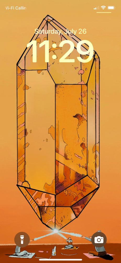 A floating crystal on an orange background. An art study of a painting signed by Moebius 