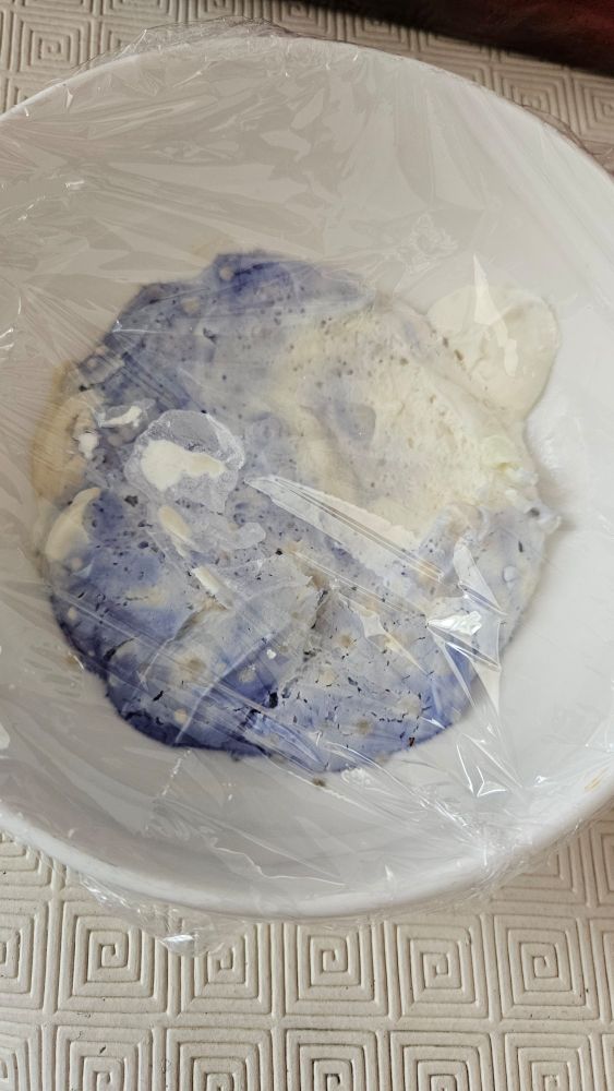A bowl containing very old whipped cream, covered in swirls of an indigo mould or bacterium.
