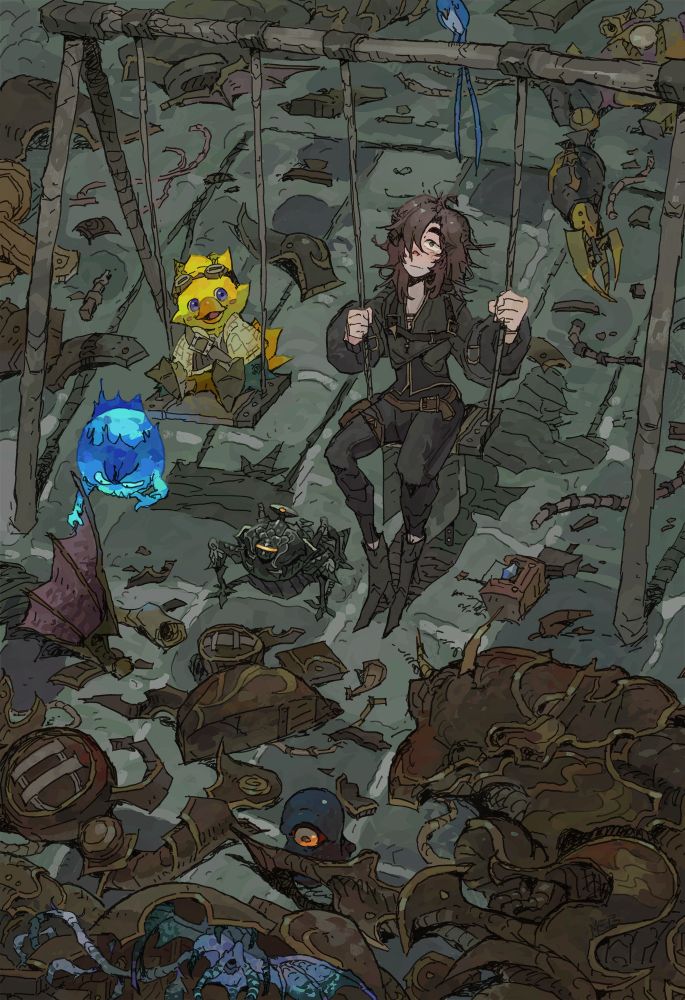 An illustration of Alpha and Omega in Garlemald, a region in FFXIV, next to a woman looking up towards the sky wistfully. Alpha and Earley sit on a swing set, and surrounding them are the rusted scrap of dead machinery.