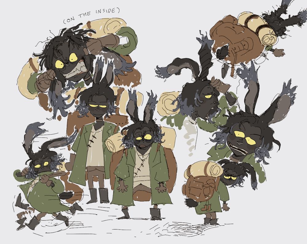 Doodles of a black rabbit man in a green coat