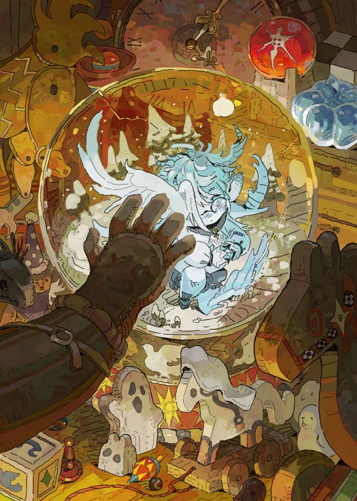 An illustration of a hand reaching out to a damaged snowglobe. They are inside a vintage antique and toy shop in warm lighting.