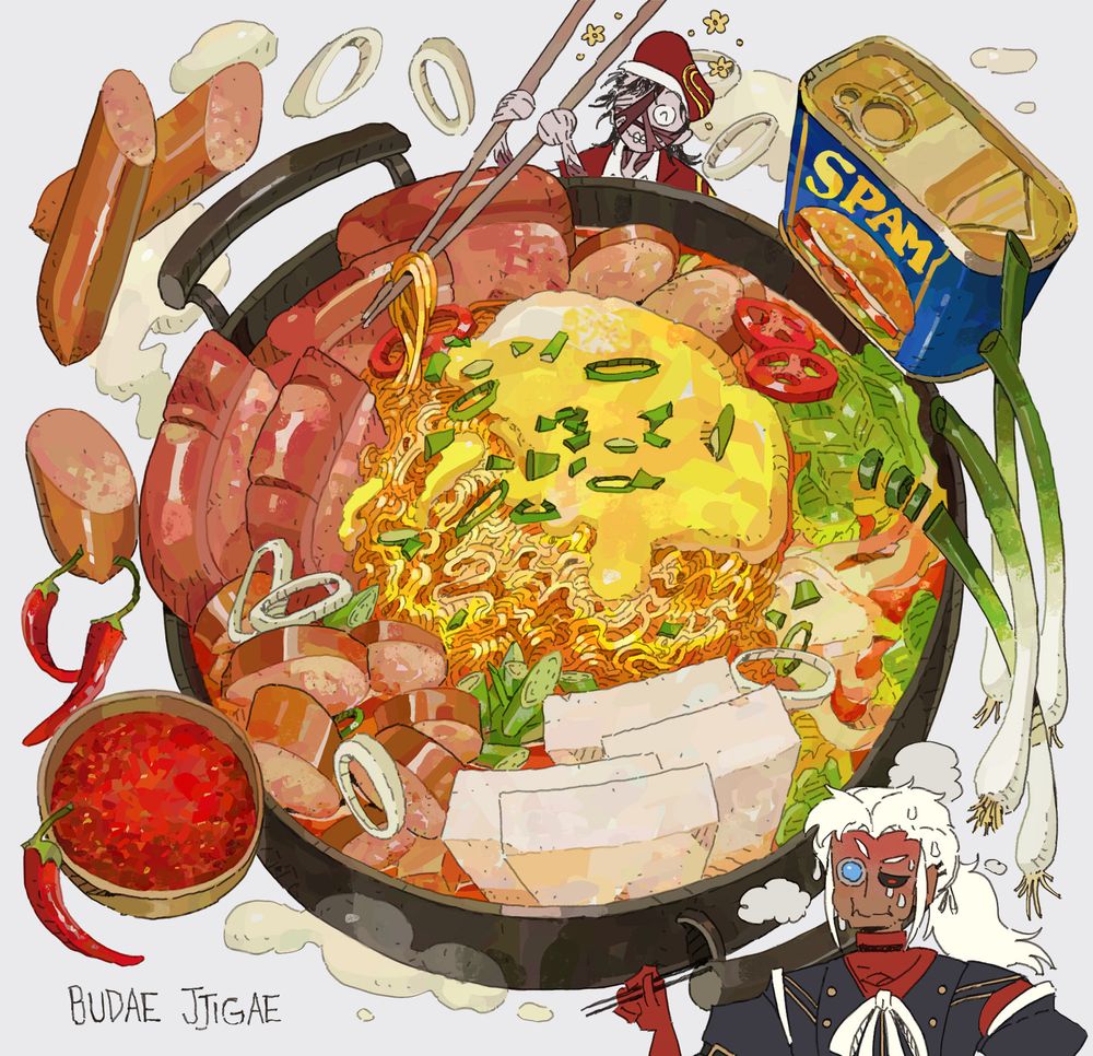 An illustration of Budae Jjigae, a Korean dish known as "army stew", surrounded by the many ingredients that go in the dish (can of Spam, hot dogs, gochujang spice, squid and scallions.
