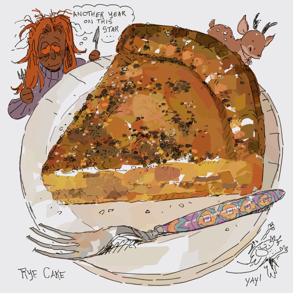 A sketch of a slice of rye cake with a fork.