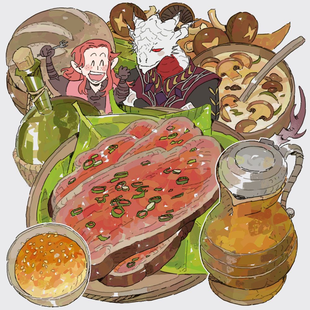 An arrangement of cooked slices of steak, mushrooms, mushroom stew, two different round loaves of bread, and wine + beer in a stein mug