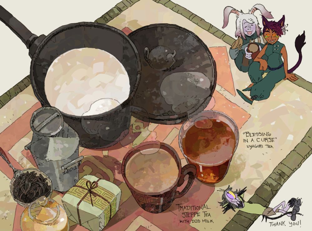 An illustration of two teacups and tea accessories: a saucepot of warmed milk, a milk canister, a jar of honey, and loose leaf tea. One tea is called "Blessing In A Curse Uyagiri Tea", and the other "Traditional Steppe Tea with dzo milk".