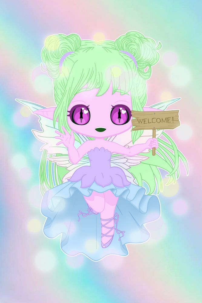 Photo of Flaerella’s fairy OC holding up a “welcome” sign as she floats in the air