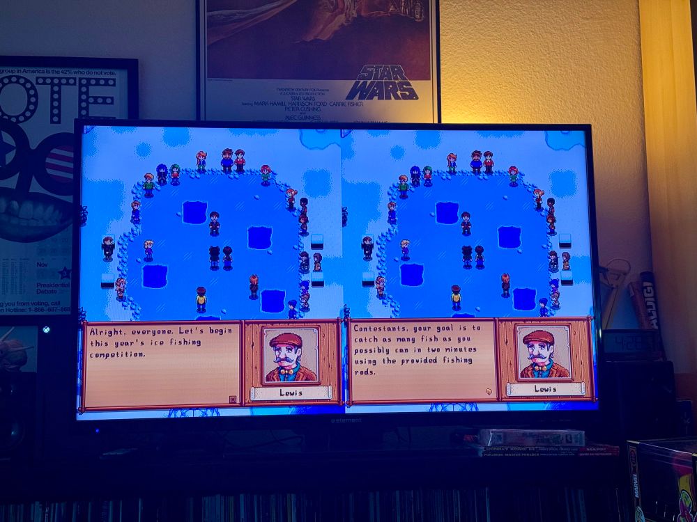 Photo of split screen co-op of Stardew Valley on the tv