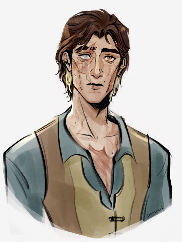 Fanart art of Viktor from Arcane. It is a portrait depicting Viktor in post canon with short hair, most of it is brown and the bottom ends underneath are blonde. He wearing a blue collar top that is open at the chest and a beige vest. He has visible scars on his face, neck, ears, and chest. The right of his face (left of screen) has a deep scar and he's blind in that eye which was caused when Ekko threw the Z-Drive at Viktor in the final battle. The other scars are left over remains from his herald form and there is a scar on his chest which is the remains of the blast from Jayce. 