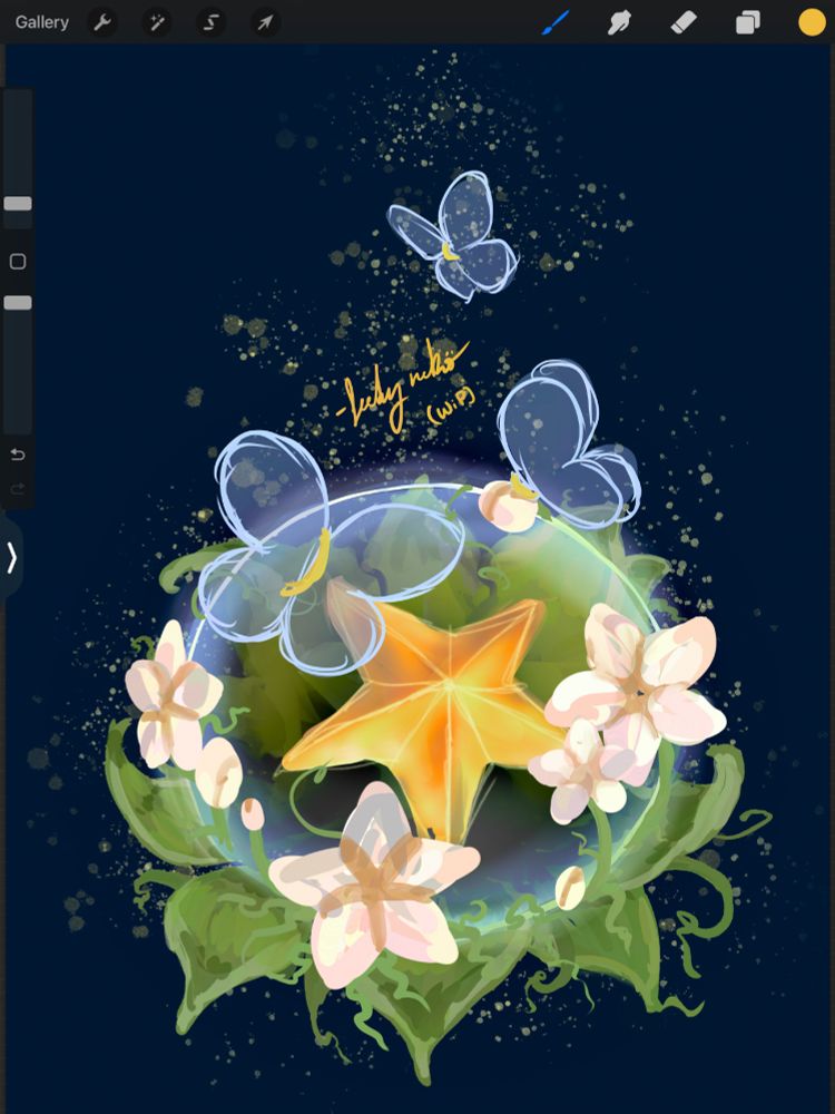 A bubble with a golden star in it surrounded by white flowers and transparent butterflies.