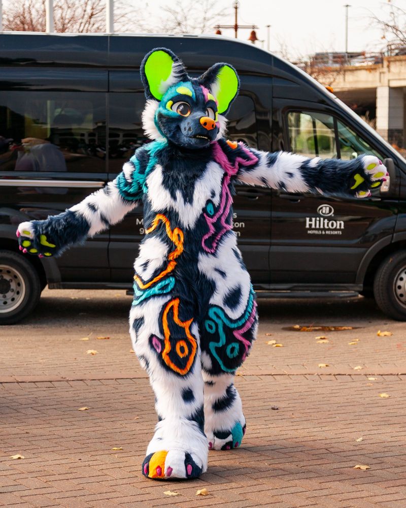 Flicker walking with this arms outstretched on a brick sidewalk 