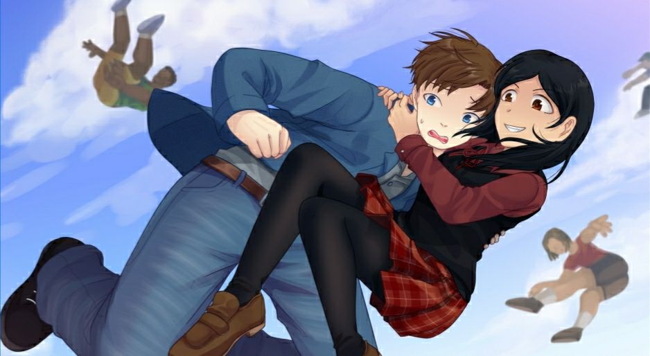 The two protagonists of Team CBLT, Cobalt Blue and Blaze Achen, flying through the air after being launched off the cliff.