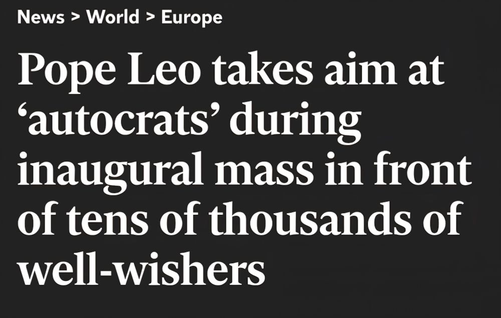 A headline reading "Pope Leo takes aim at 'autocrats' during inaugural mass..."