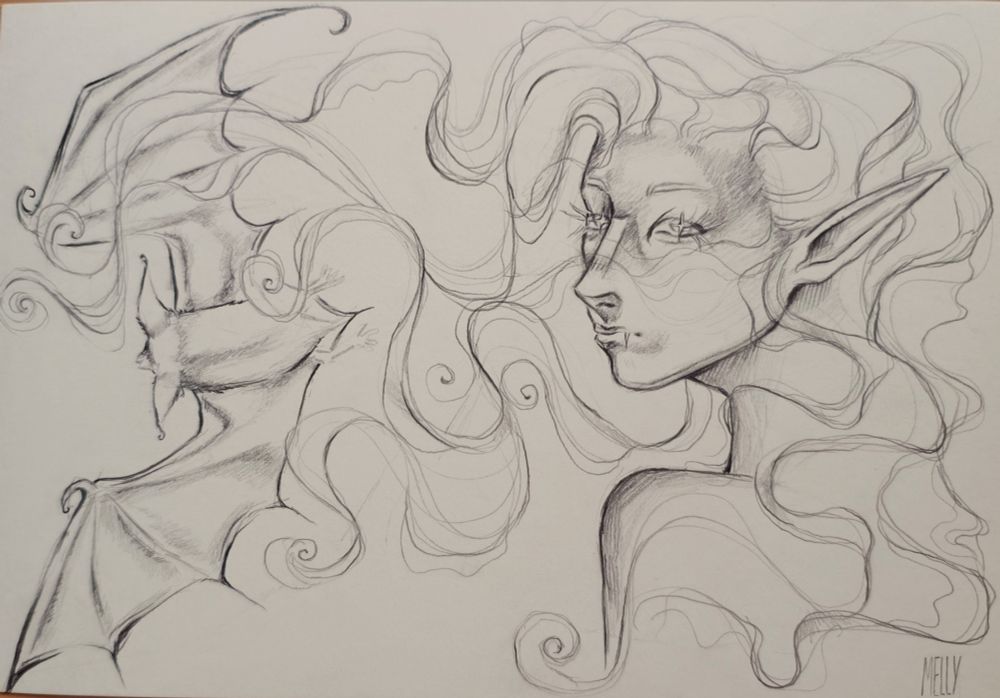 a sketch of my OC Neve, a vampire girl looking over her shoulder, her hair blowing around her face. A bat is depicted next to her.