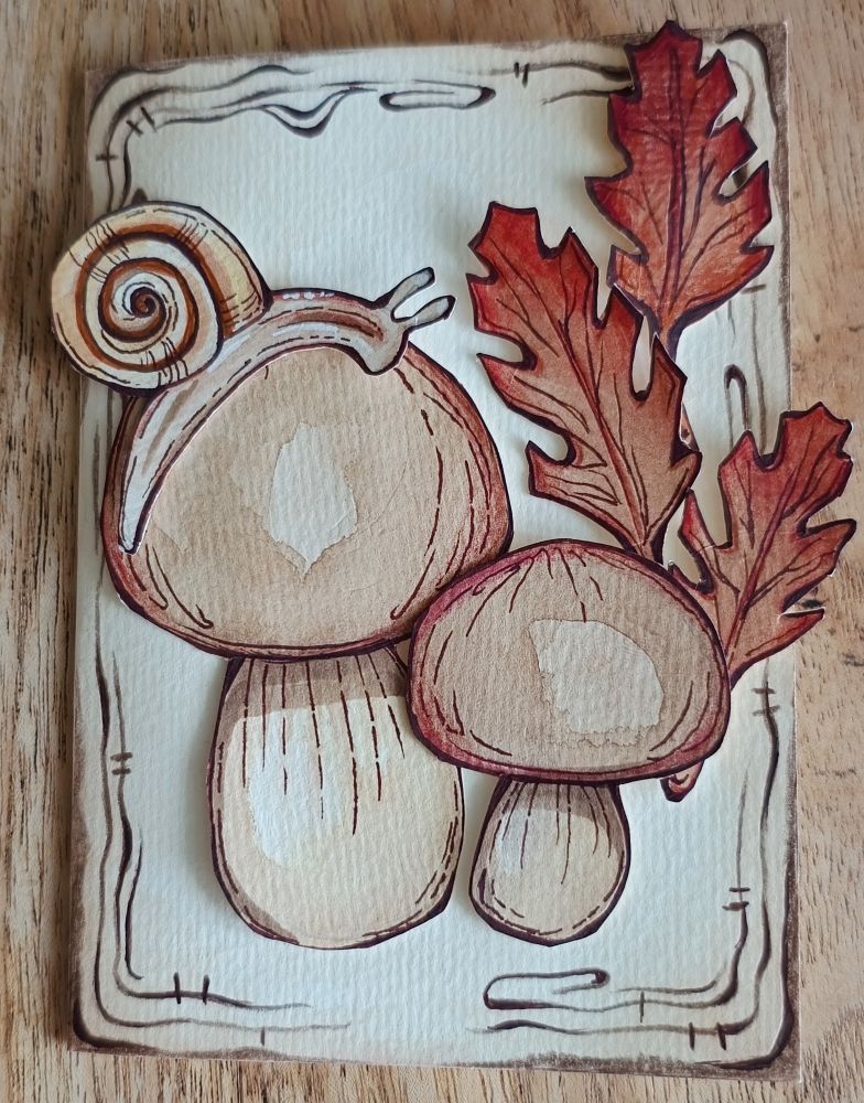 a card made out of paper with a drawn wooden structure background, two mushrooms with a snail and three autumn leaves