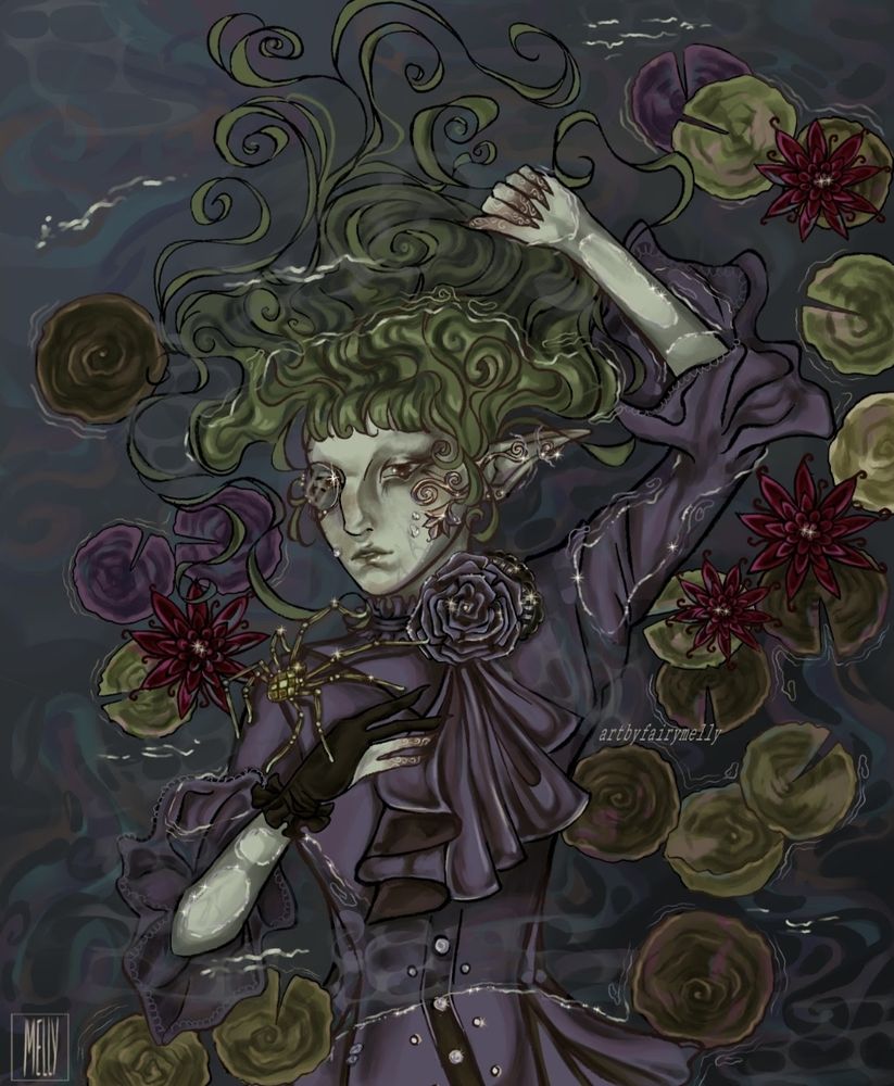 a drawing of a woman with green hair in a purple coat and a golden spider on her shoulder laying in a water lily pond