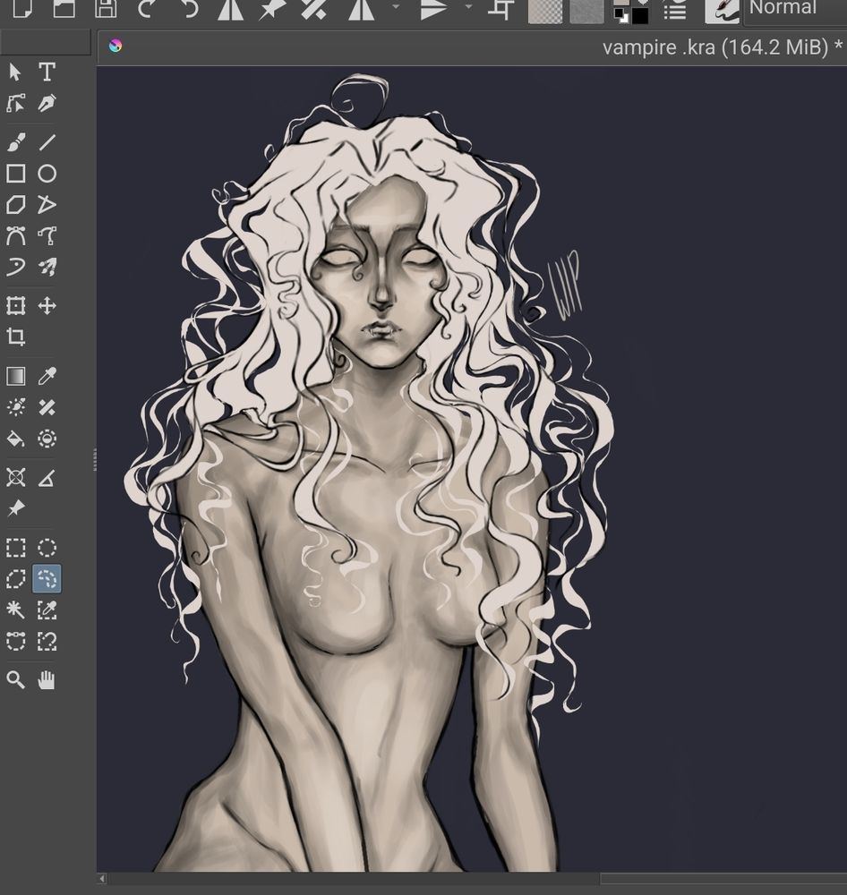 a half-finished digital painting of a vampire woman with white flowing hair and pale skin