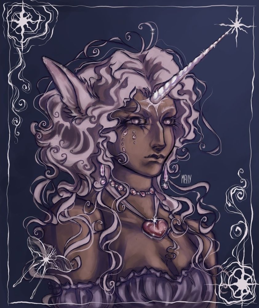 a portrait of a person with long, curly, light pink hair, violet eyes, and a purple top. she has a horn (unicorn) and is surrounded by swirls and stars. her character design is inspired by the last unicorn