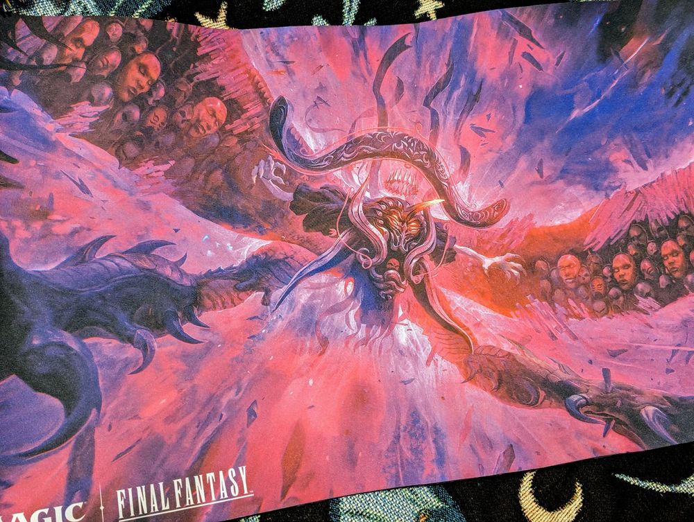 FFXIV MTG playmat featuring red, blue, and purple illustration of Hades, Sorcerer of Eld in his transformed state.