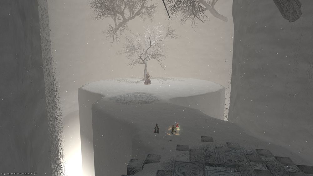FFXIV screenshot deep in the Palace of the Dead. Two lalafell players approach a room with just a single barren tree and a mindflayer standing beneath it, looking almost contemplative.